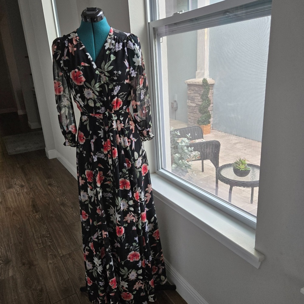 Lulus Maxi Wrap Dress Womens Small Black Floral Hummingbird Chiffon Lined
